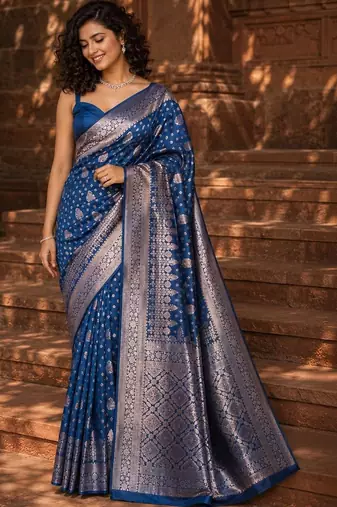 Blue woven design zari silk blend banarasi saree