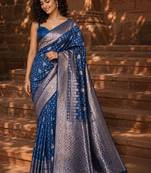 Blue woven design zari silk blend banarasi saree