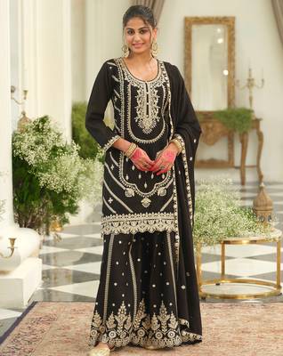 Black embroidered chinon kurta trouser dupatta set 3
