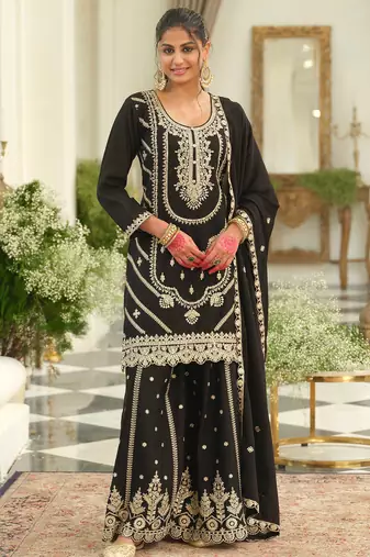 Black embroidered chinon kurta trouser dupatta set