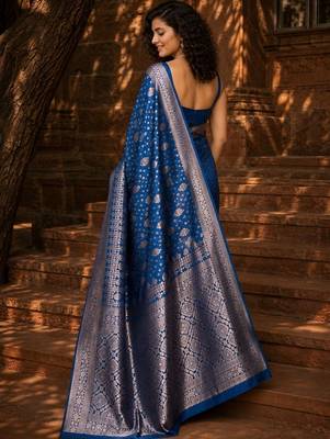 Blue woven design zari silk blend banarasi saree 4