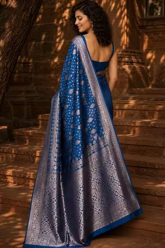 Blue woven design zari silk blend banarasi saree