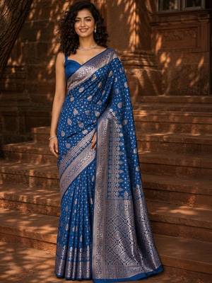 Blue woven design zari silk blend banarasi saree 5
