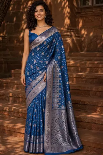 Blue woven design zari silk blend banarasi saree