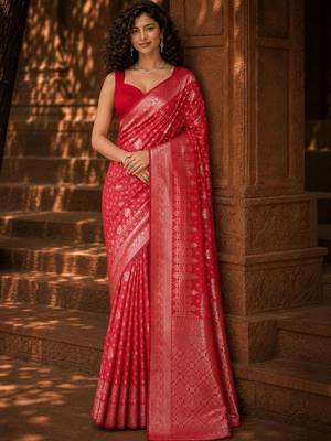 Red woven design zari silk blend banarasi saree 1