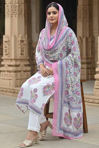White printed pure cotton kurta trouser dupatta set