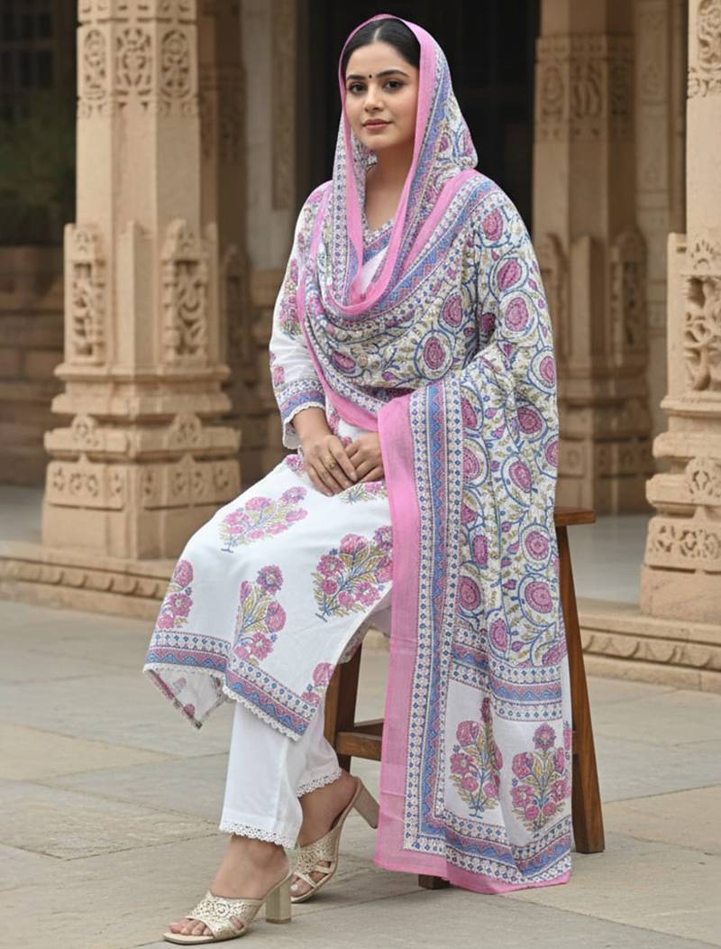 White printed pure cotton kurta trouser dupatta set