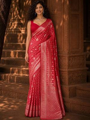 Red woven design zari silk blend banarasi saree 3
