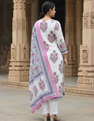 White printed pure cotton kurta trouser dupatta set 2