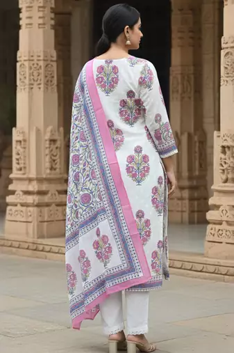 White printed pure cotton kurta trouser dupatta set