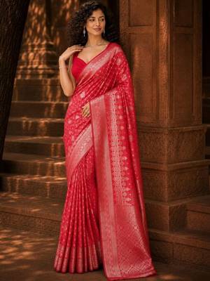 Red woven design zari silk blend banarasi saree 4