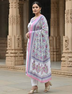 White printed pure cotton kurta trouser dupatta set 3