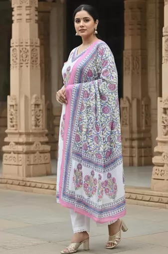 White printed pure cotton kurta trouser dupatta set