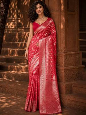 Red woven design zari silk blend banarasi saree 5