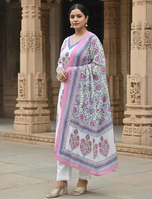 White printed pure cotton kurta trouser dupatta set 4