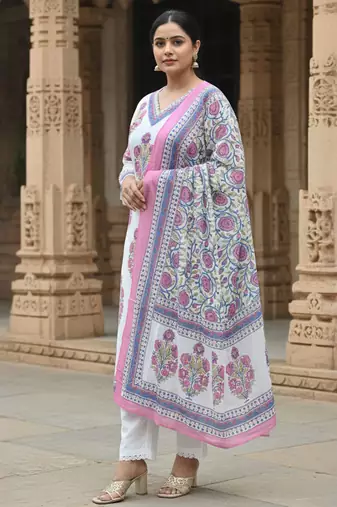 White printed pure cotton kurta trouser dupatta set