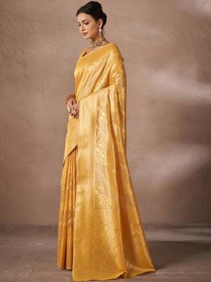 Yellow woven design banarasi sarees with blouse piece 2