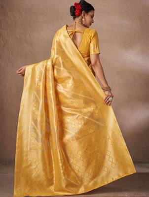 Yellow woven design banarasi sarees with blouse piece 3