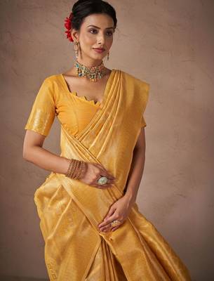 Yellow woven design banarasi sarees with blouse piece 4
