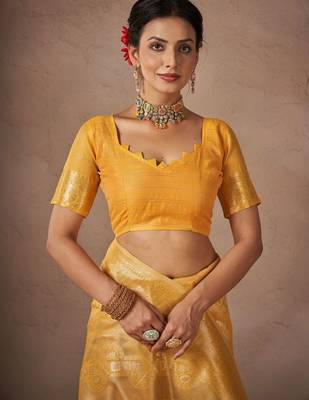 Yellow woven design banarasi sarees with blouse piece 5