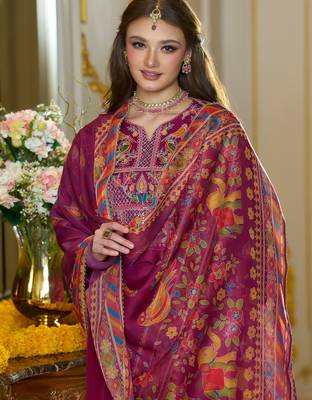 Pink embroidered silk blend kurta trouser dupatta set 1