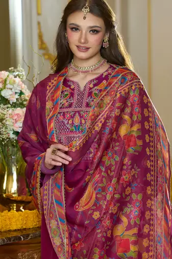 Pink embroidered silk blend kurta trouser dupatta set