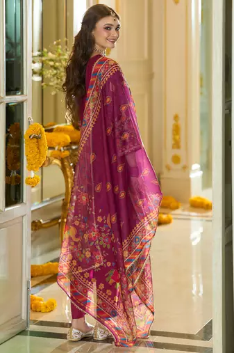 Pink embroidered silk blend kurta trouser dupatta set