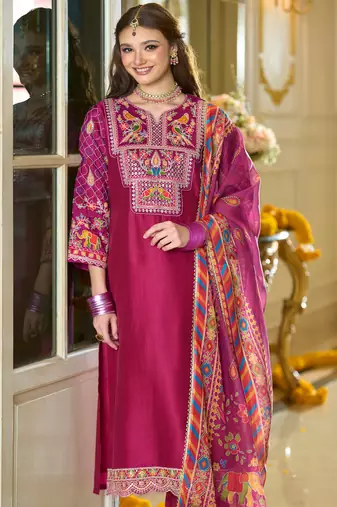 Pink embroidered silk blend kurta trouser dupatta set