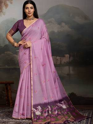 Lavender ethnic motifs pure cotton designer muga saree 1