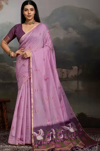 Lavender ethnic motifs pure cotton designer muga saree