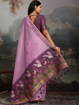 Lavender ethnic motifs pure cotton designer muga saree 2