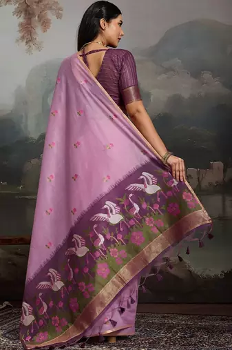 Lavender ethnic motifs pure cotton designer muga saree