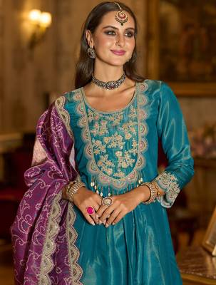 Blue embroidered silk blend kurta trouser dupatta set 1