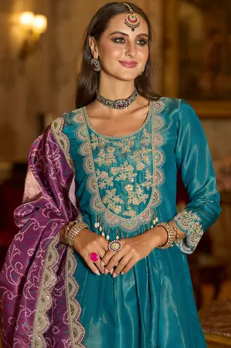 Blue embroidered silk blend kurta trouser dupatta set