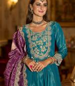 Blue embroidered silk blend kurta trouser dupatta set