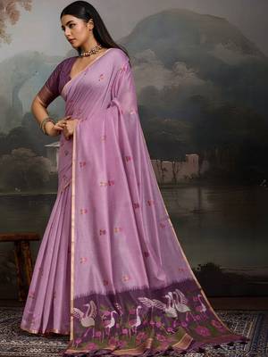 Lavender ethnic motifs pure cotton designer muga saree 3