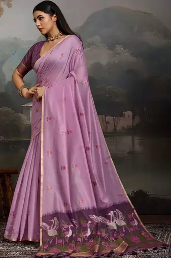 Lavender ethnic motifs pure cotton designer muga saree