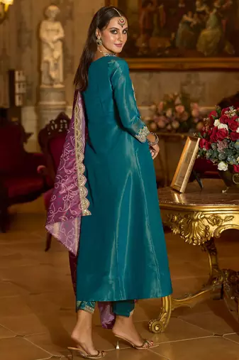 Blue embroidered silk blend kurta trouser dupatta set