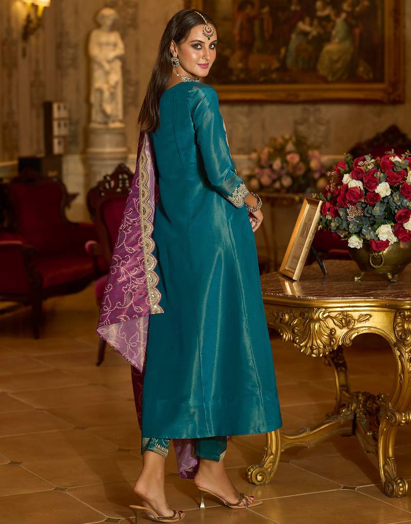 Blue embroidered silk blend kurta trouser dupatta set