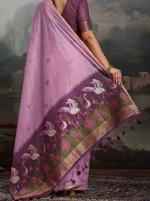 Lavender ethnic motifs pure cotton designer muga saree 5