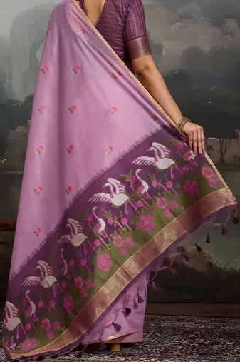 Lavender ethnic motifs pure cotton designer muga saree