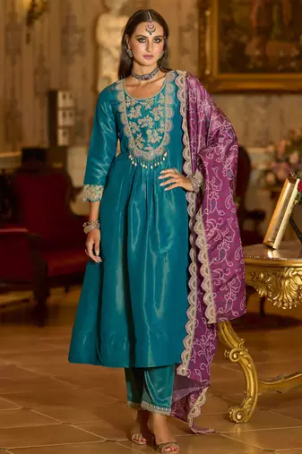 Blue embroidered silk blend kurta trouser dupatta set