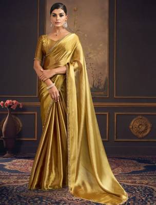 Gold pure chiffon zari saree with blouse 1