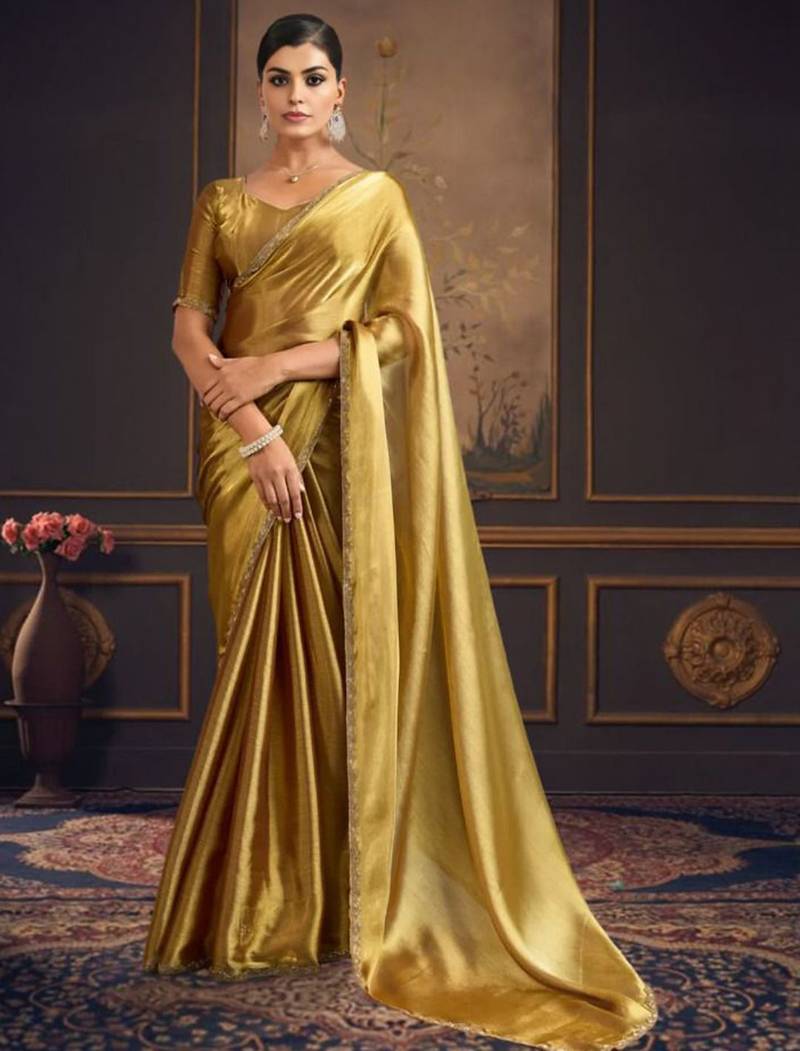 Gold pure chiffon zari saree with blouse