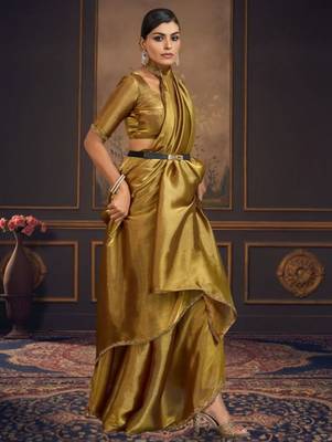 Gold pure chiffon zari saree with blouse 2