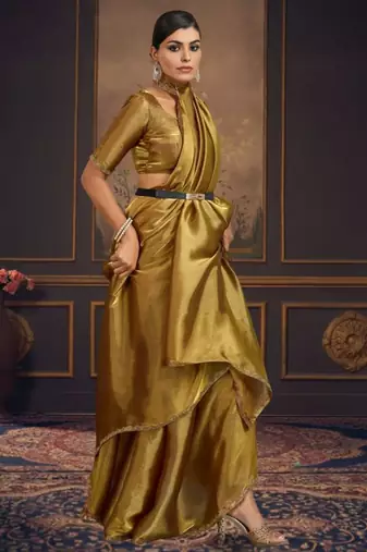 Gold pure chiffon zari saree with blouse