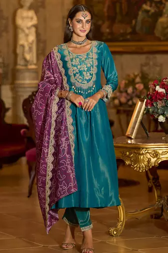 Blue embroidered silk blend kurta trouser dupatta set