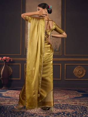 Gold pure chiffon zari saree with blouse 4