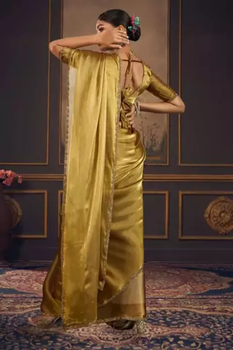 Gold pure chiffon zari saree with blouse