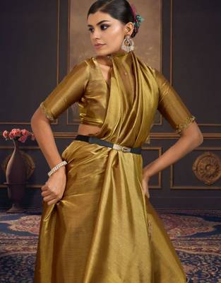 Gold pure chiffon zari saree with blouse 5